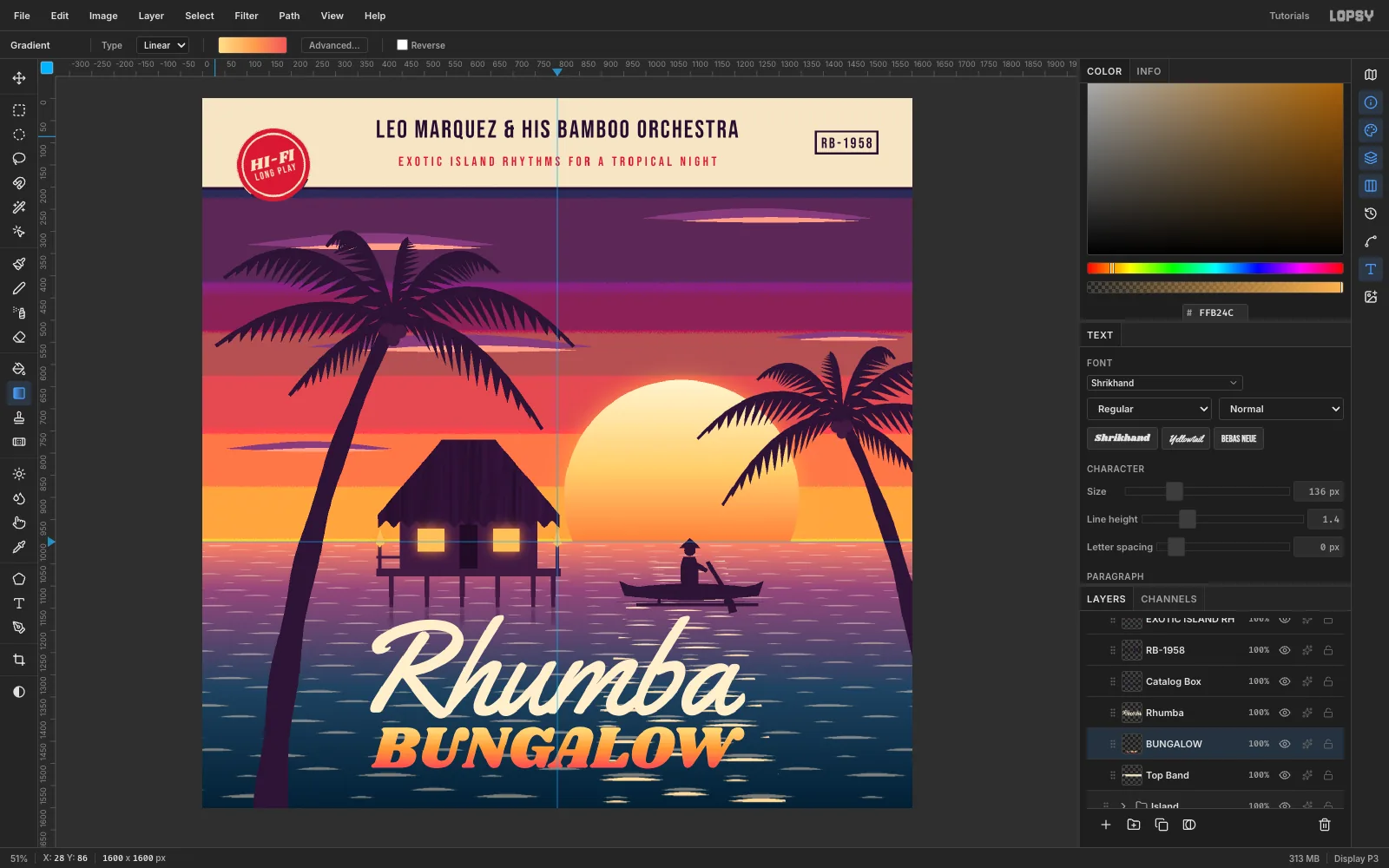 BUNGALOW filled with a vertical gradient from pale gold at the top of the letters to coral red at the bottom