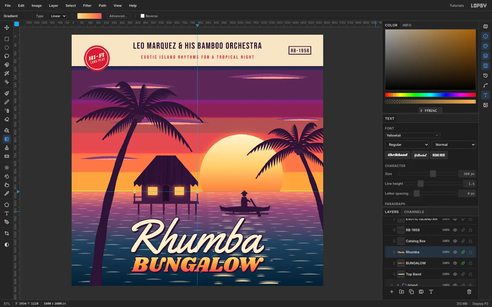 Rhumba and BUNGALOW each outlined in dark plum with a solid offset drop shadow, making both words pop off the water