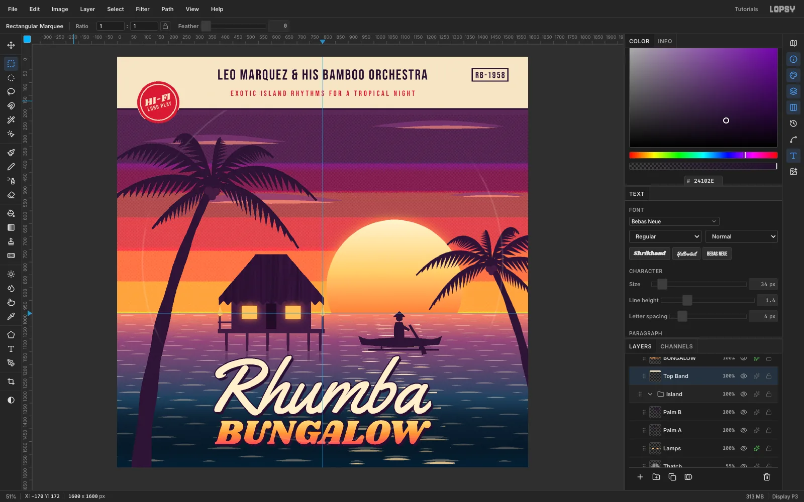 The finished cover in the editor: the badge now overlaps the sky more, the catalog box is aligned with the credit line, the left palm sits further left and the water behind the title is darker