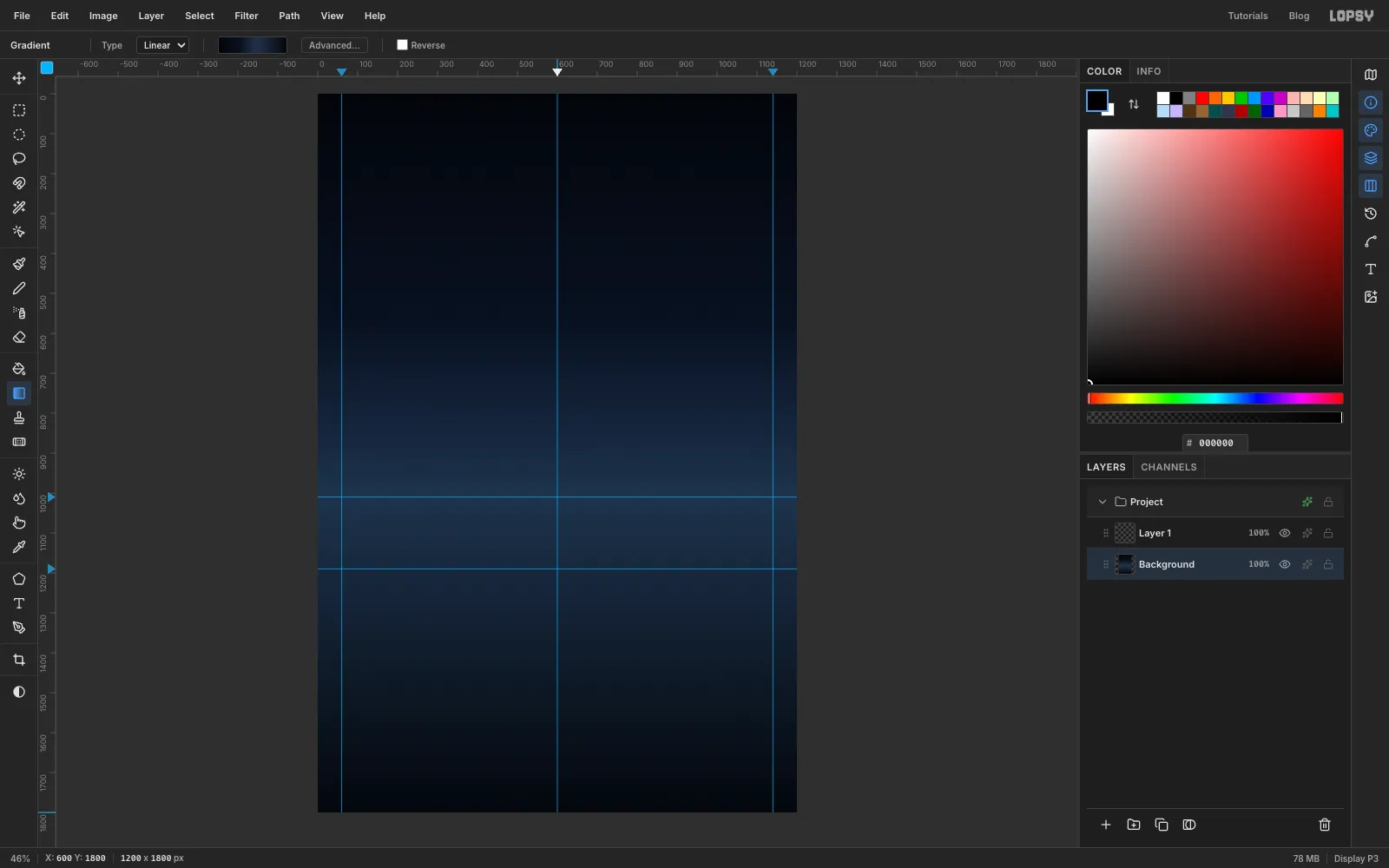 The canvas filled with a vertical gradient: near-black at the top, deep navy in the middle, a lighter blue band at the horizon, and dark again at the bottom