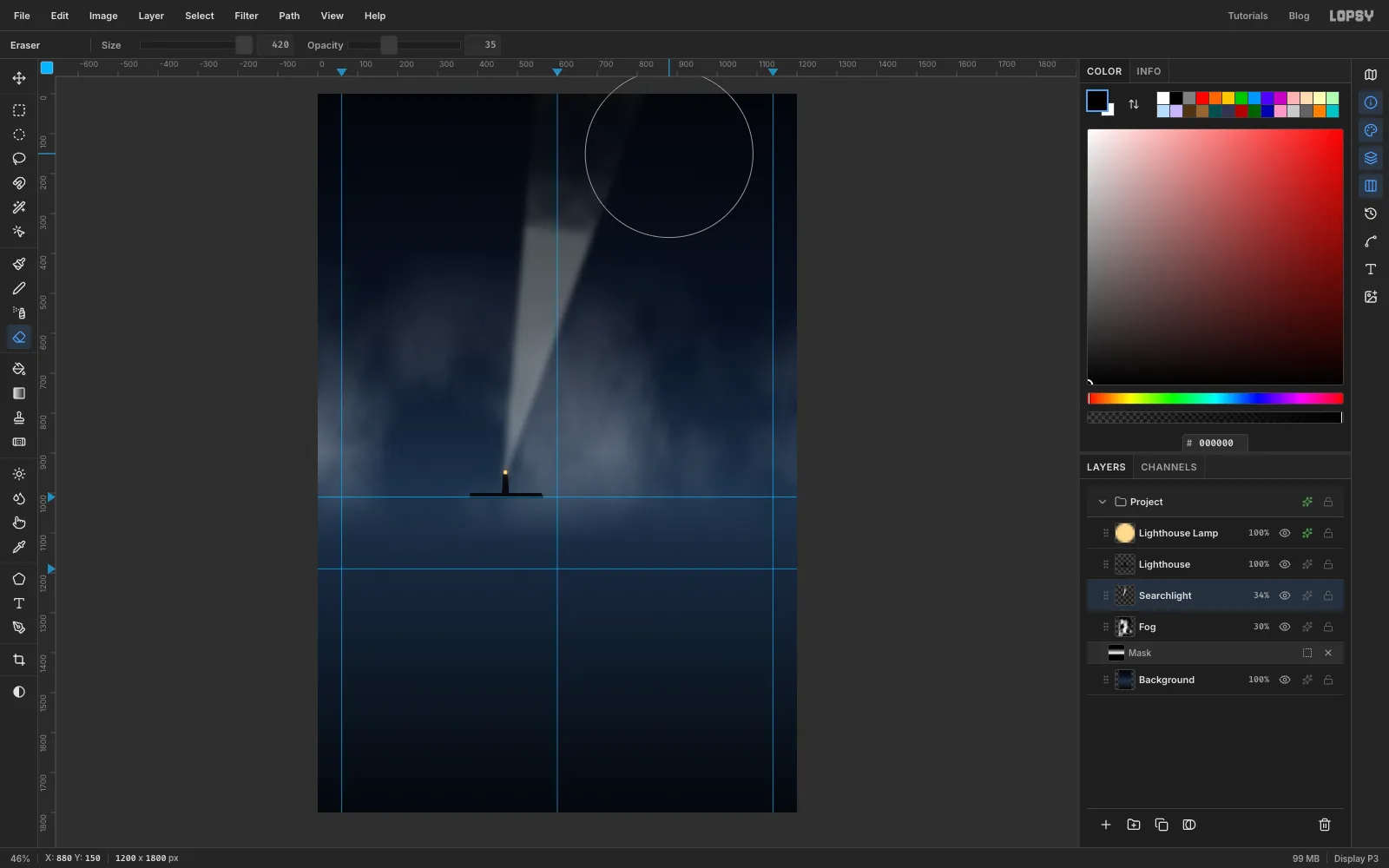 The searchlight beam now fading out softly towards the top of the poster instead of hitting the edge at full strength