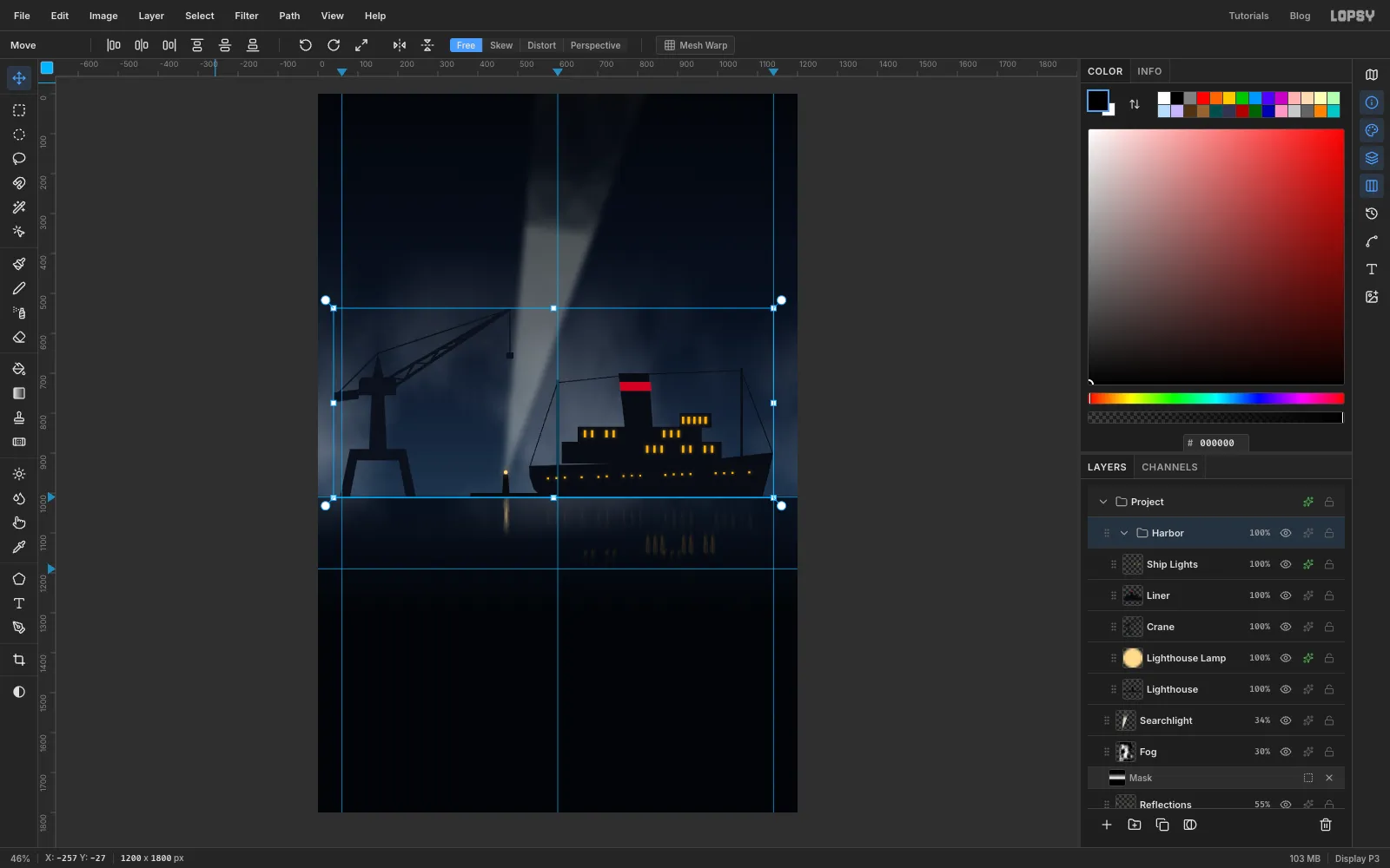The Layers panel showing a Harbor group holding the lighthouse, crane, liner and lights, with the group's transform box drawn around the whole skyline