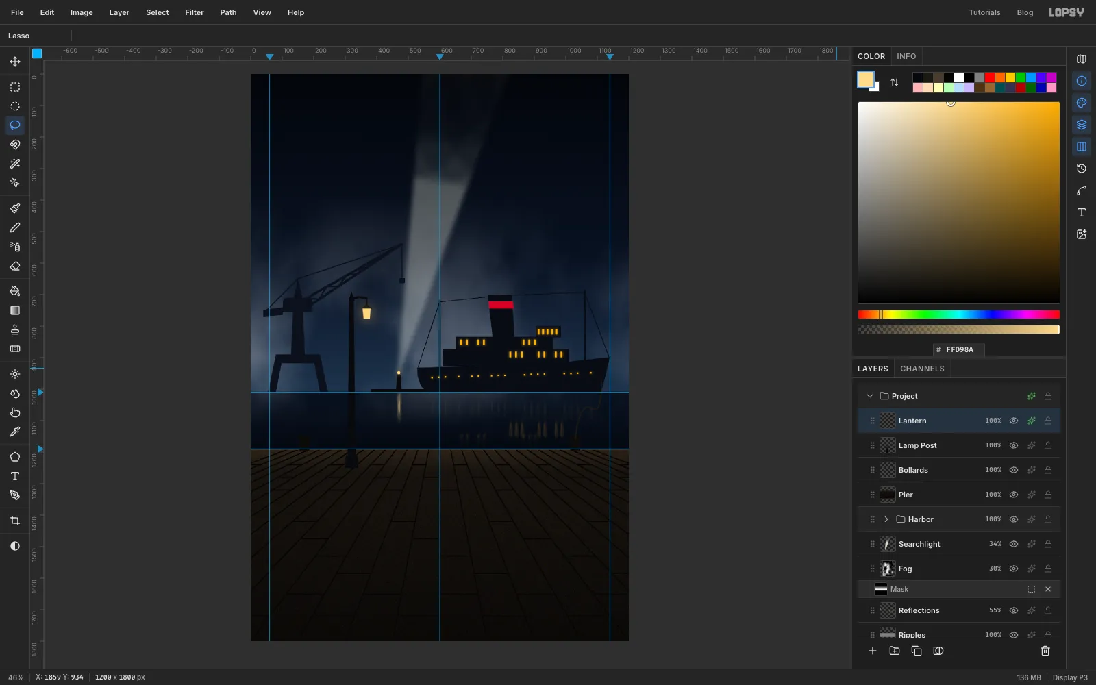A tall iron street lamp standing on the left of the pier with a curved arm and a hanging lantern that glows warm amber
