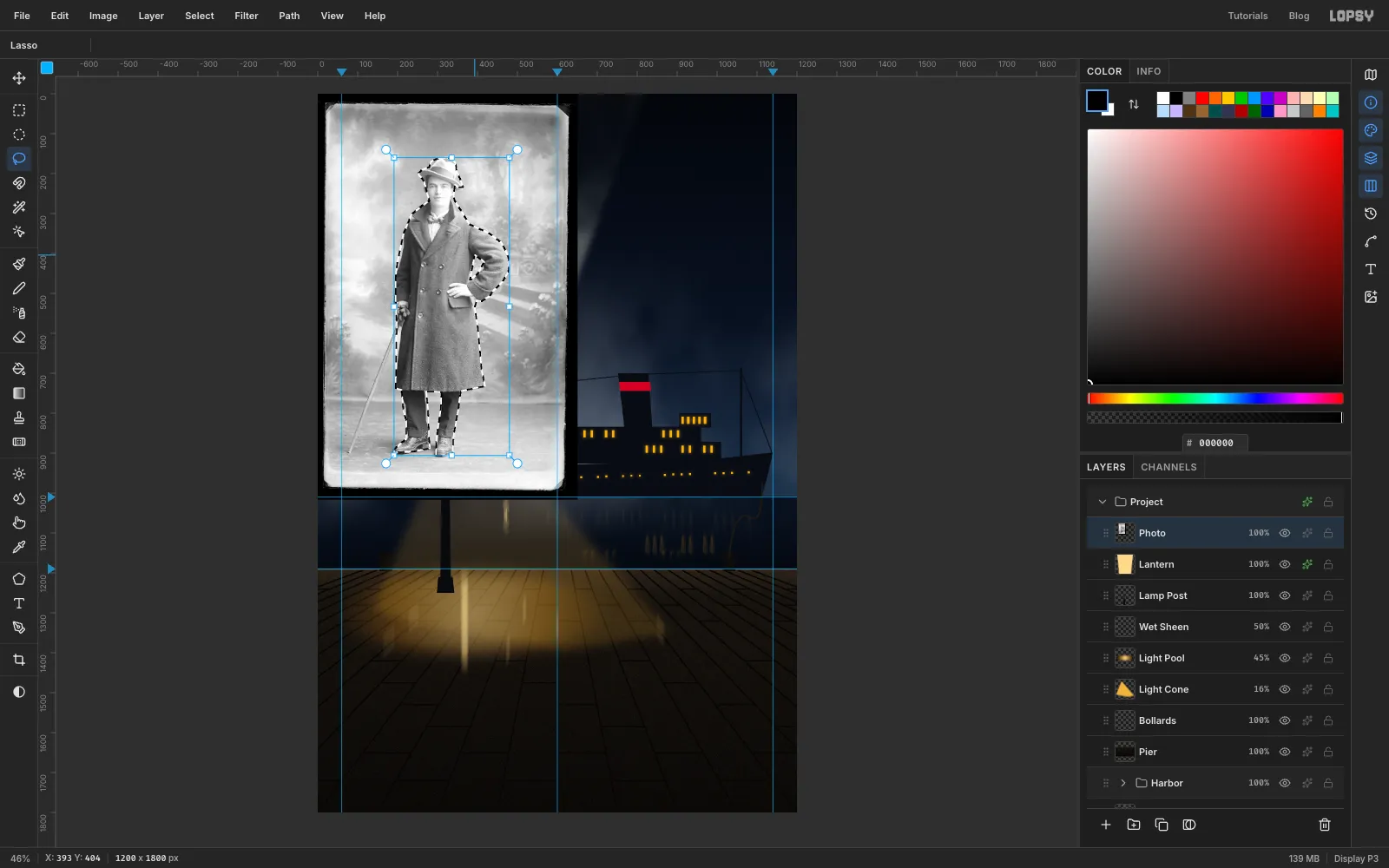 The 1920s portrait photo pasted at the top left of the canvas, with a lasso selection running tightly around the man's hat, coat and shoes