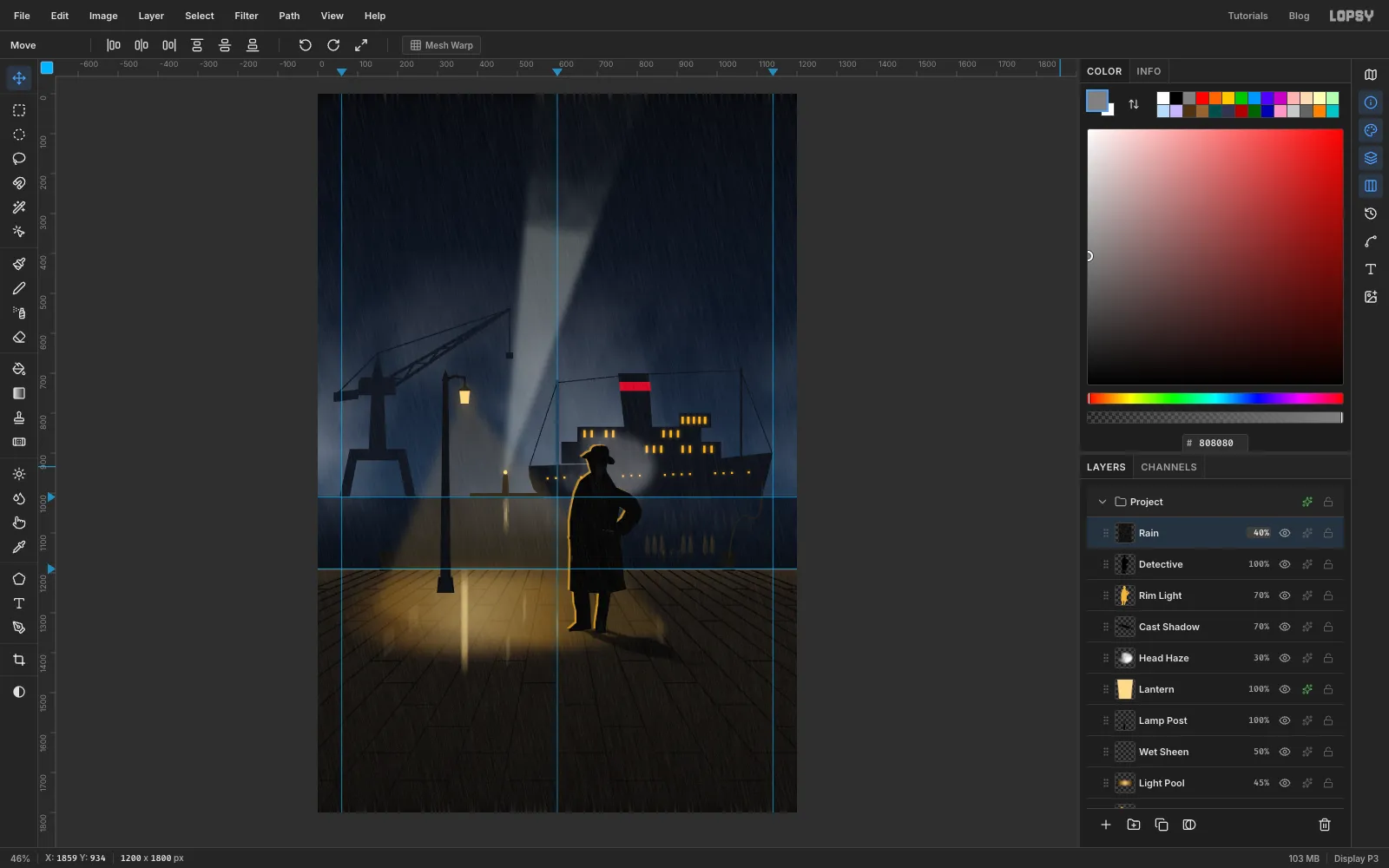 Fine diagonal rain streaks falling across the whole scene, brightest against the dark sky and the lamp light