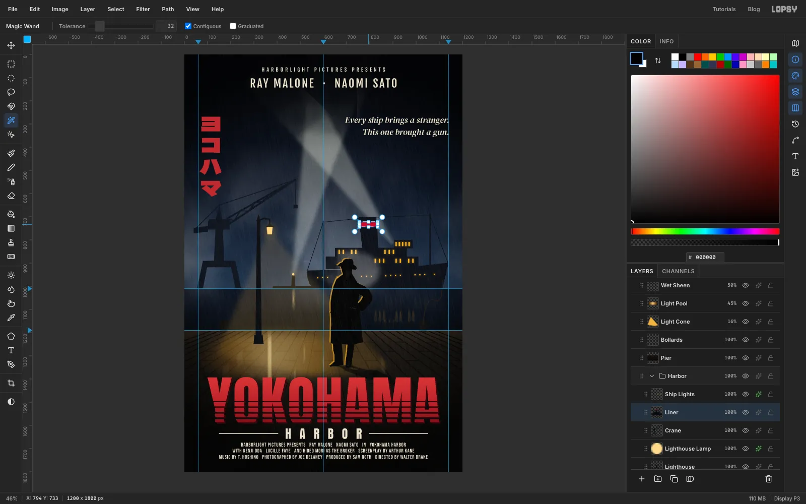 The magic wand selection around the red band on the liner's funnel, ready for Hue/Saturation
