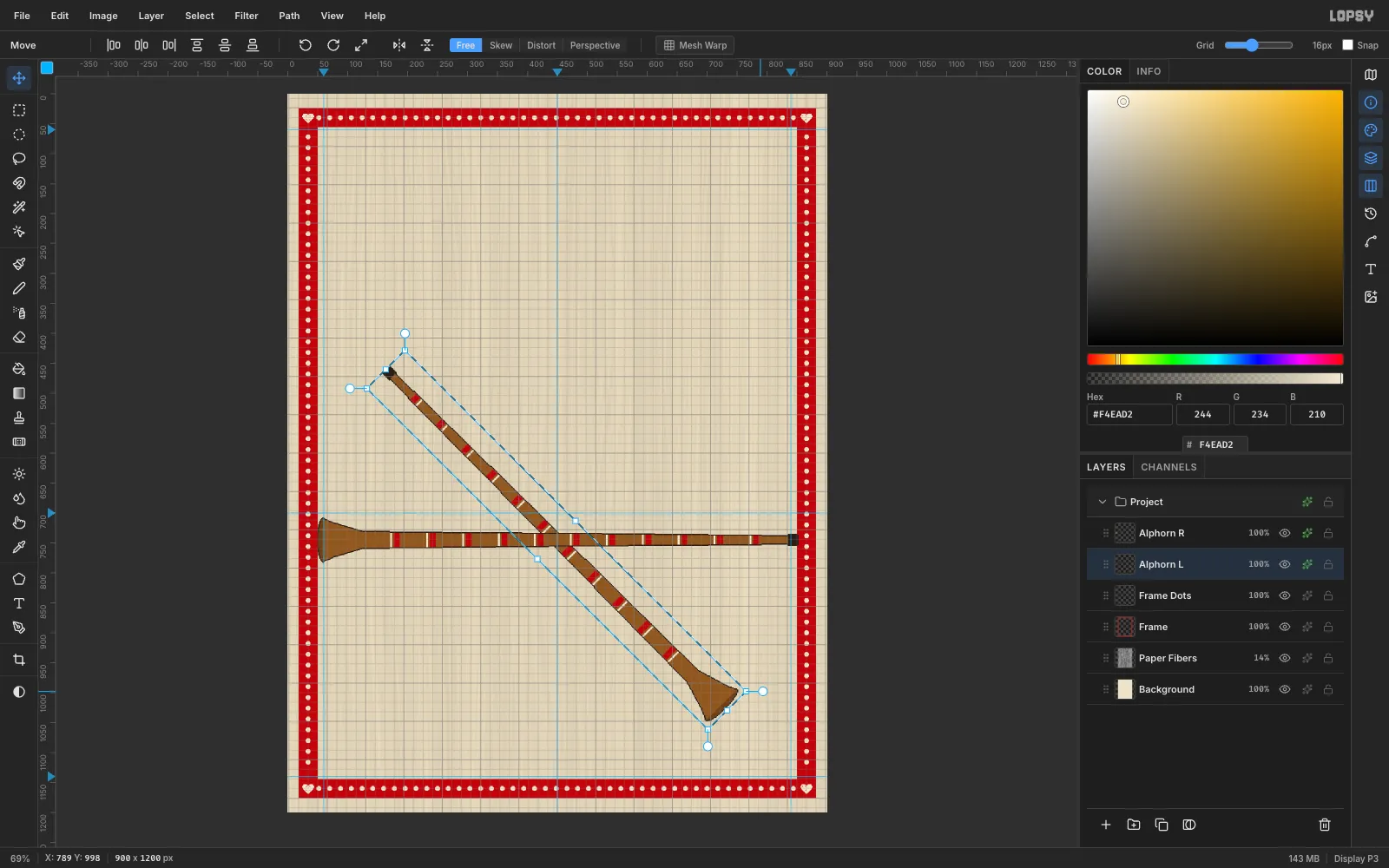 Alphorn L mid-rotation with the transform box and rotation handles tilted 45 degrees clockwise