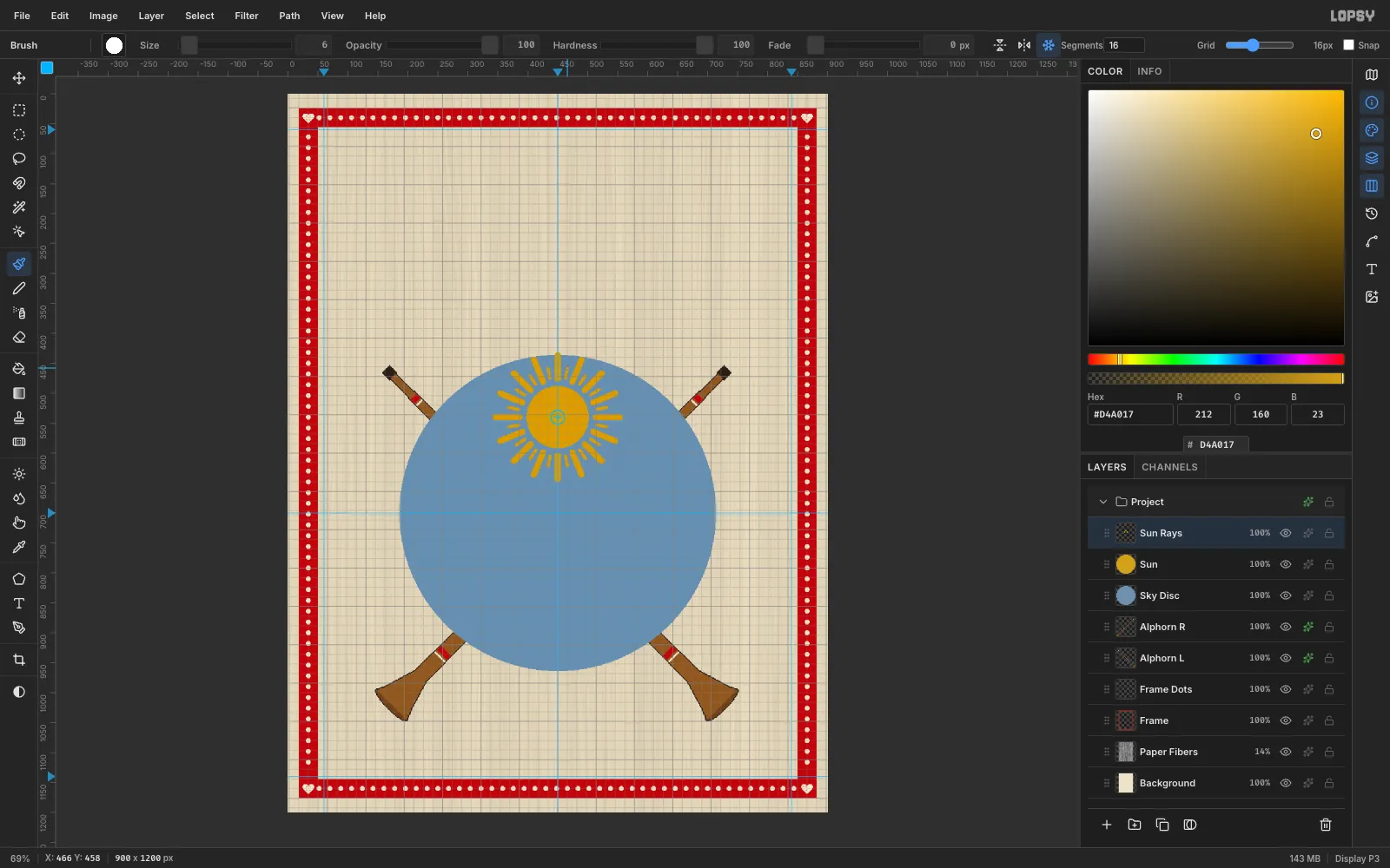 A slate blue disc over the horns with an ochre sun near the top and sixteen long and sixteen short rays drawn with radial symmetry