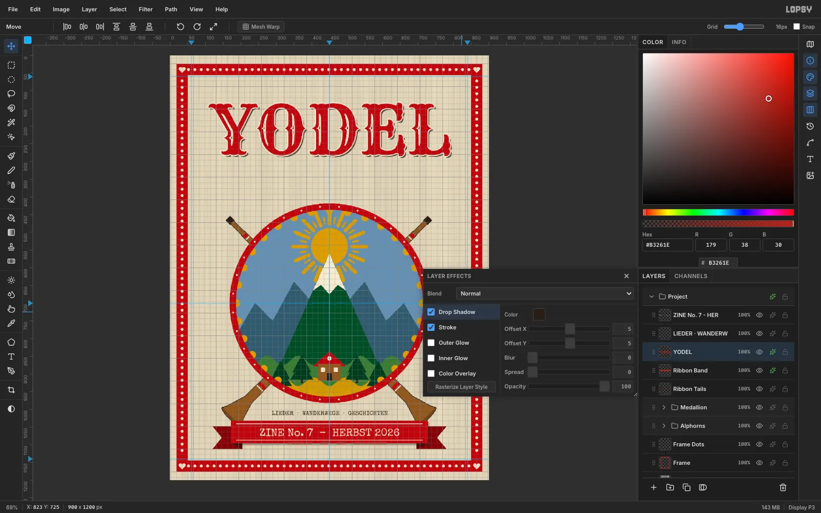 The Layer Effects drawer for YODEL with Stroke and Drop Shadow enabled, the title outlined in cream with a hard ink shadow