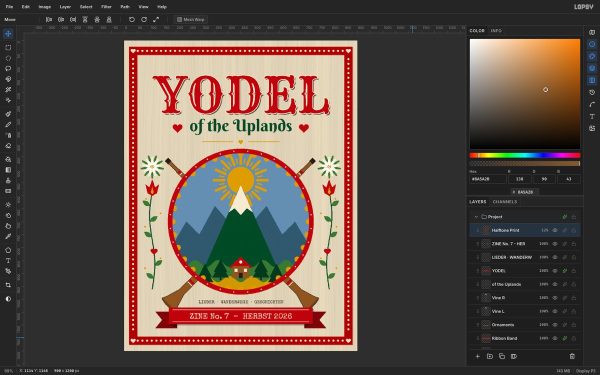 Lopsy showing the finished Yodel of the Uplands zine cover, with a red woodtype title, a painted mountain medallion framed by crossed alphorns, tulip and edelweiss vines, and a red swallowtail ribbon inside a dotted red border