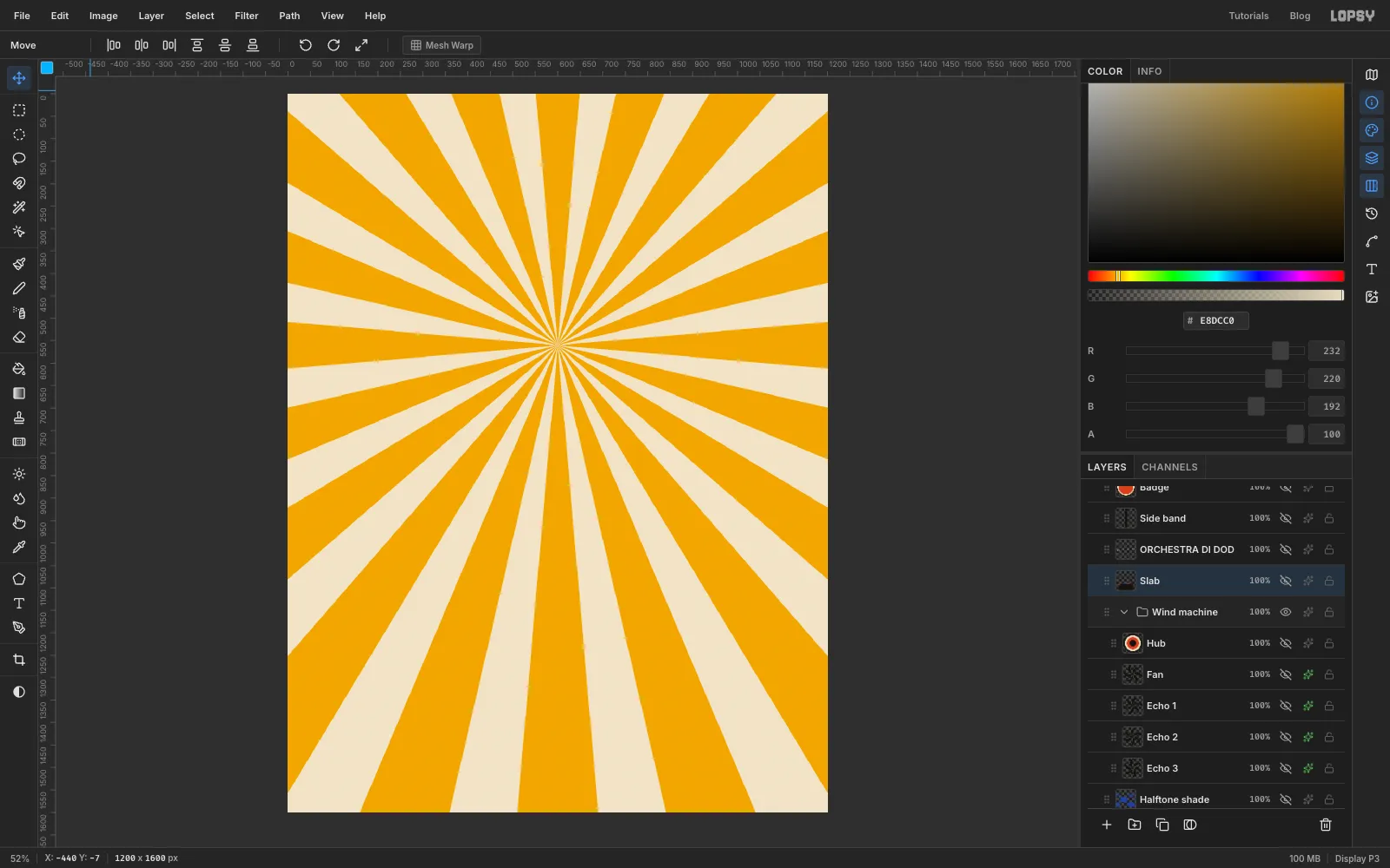 Wide alternating mustard and cream rays fanning out from a point a little above the middle of the page