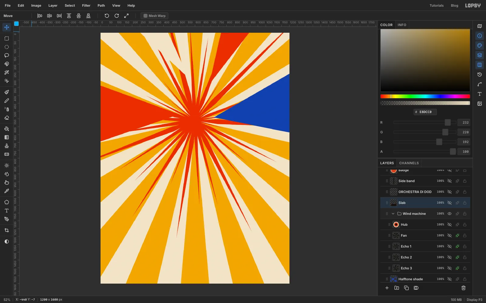 Four flat triangles of red, cream, cobalt and red cut in from the edges of the page, pointing at the centre