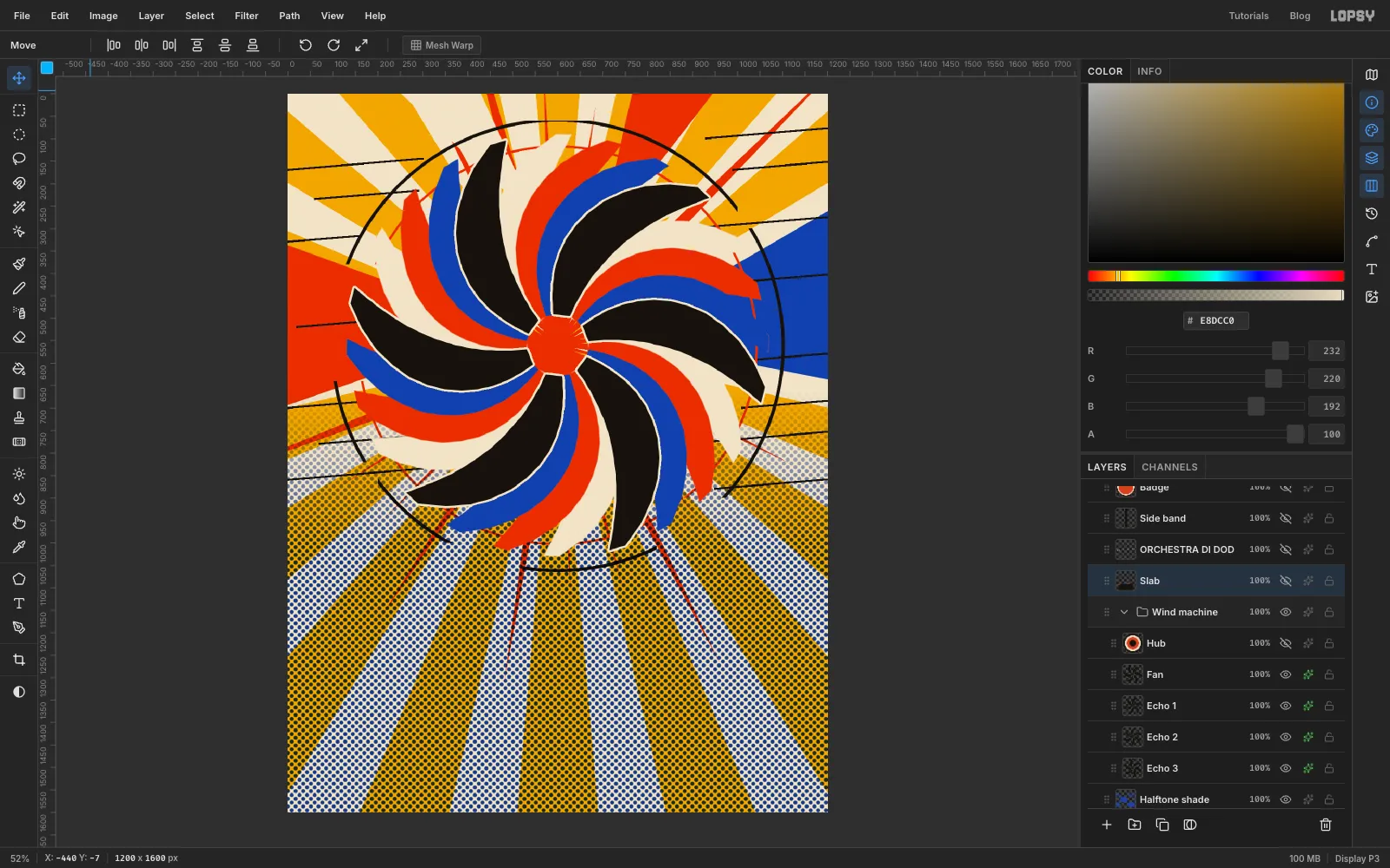 Three coloured echoes of the fan, in blue, red and cream, trail behind the black blades