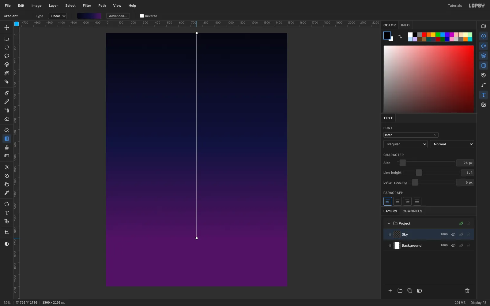 A vertical gradient being dragged from the top of the canvas to y 1700, from near-black to deep violet