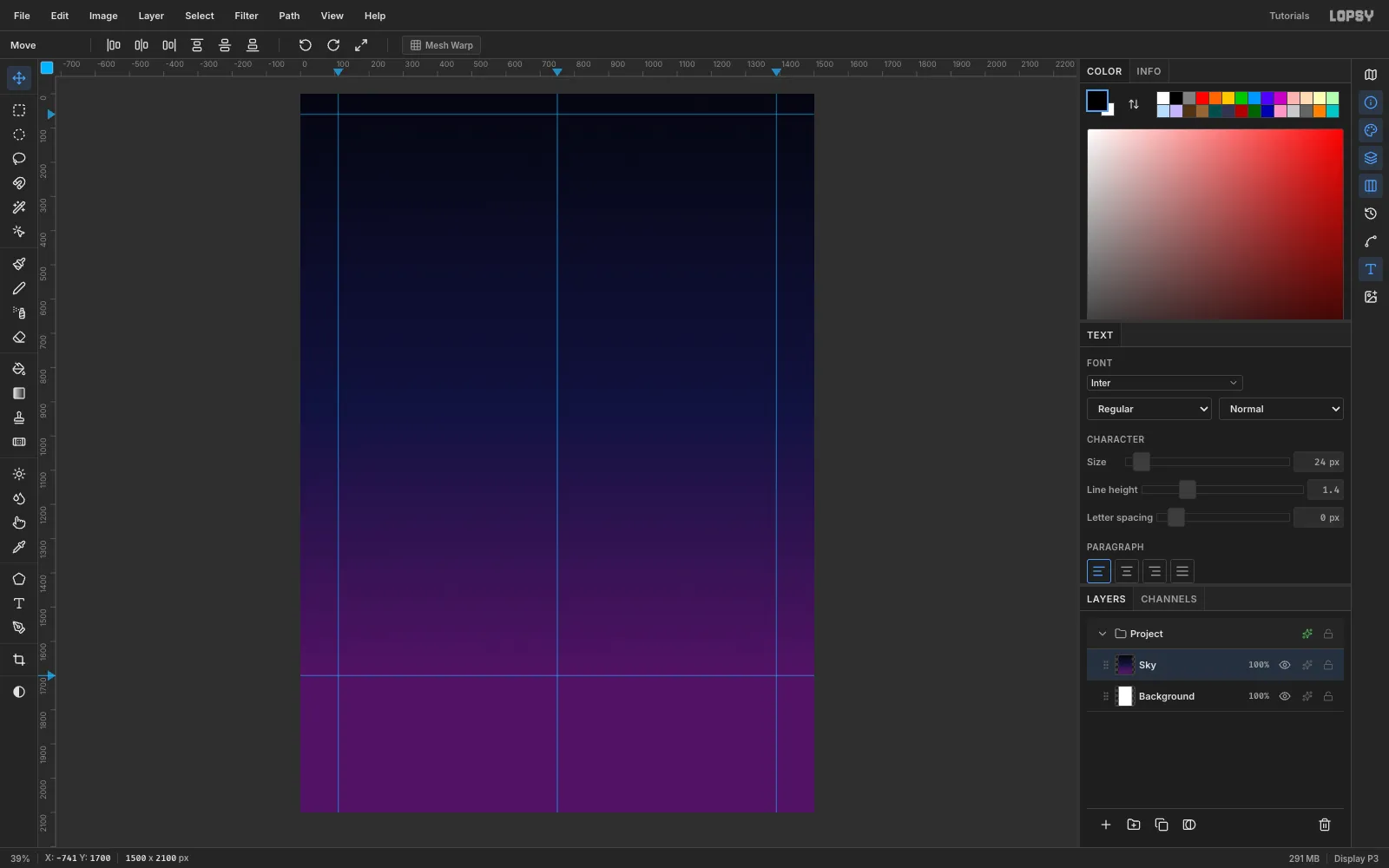 Blue guides at x 110, 750 and 1390 and at y 60 and 1700 over the gradient sky