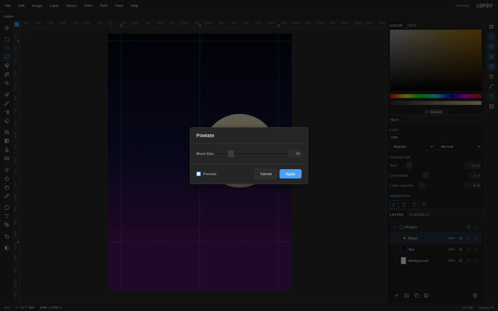 The Pixelate dialog with Block Size 14 turning the moon's edge into blocky pixel steps