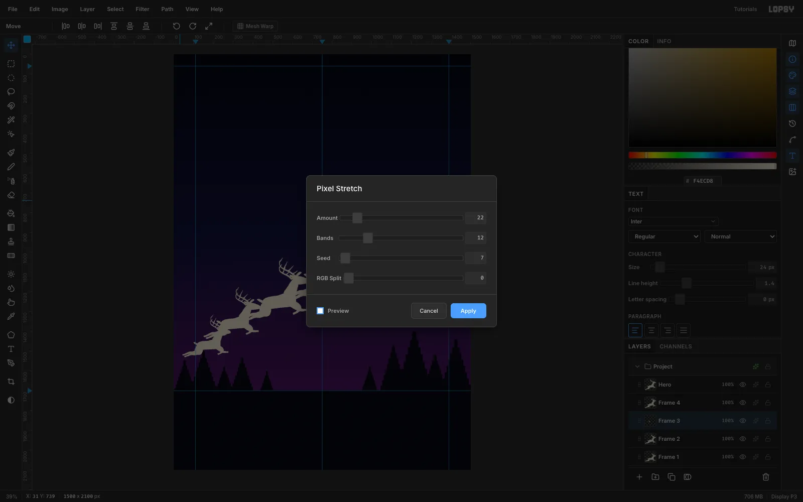 The Pixel Stretch dialog with Amount 22, Bands 12, Seed 7 and RGB Split 0 over Frame 3