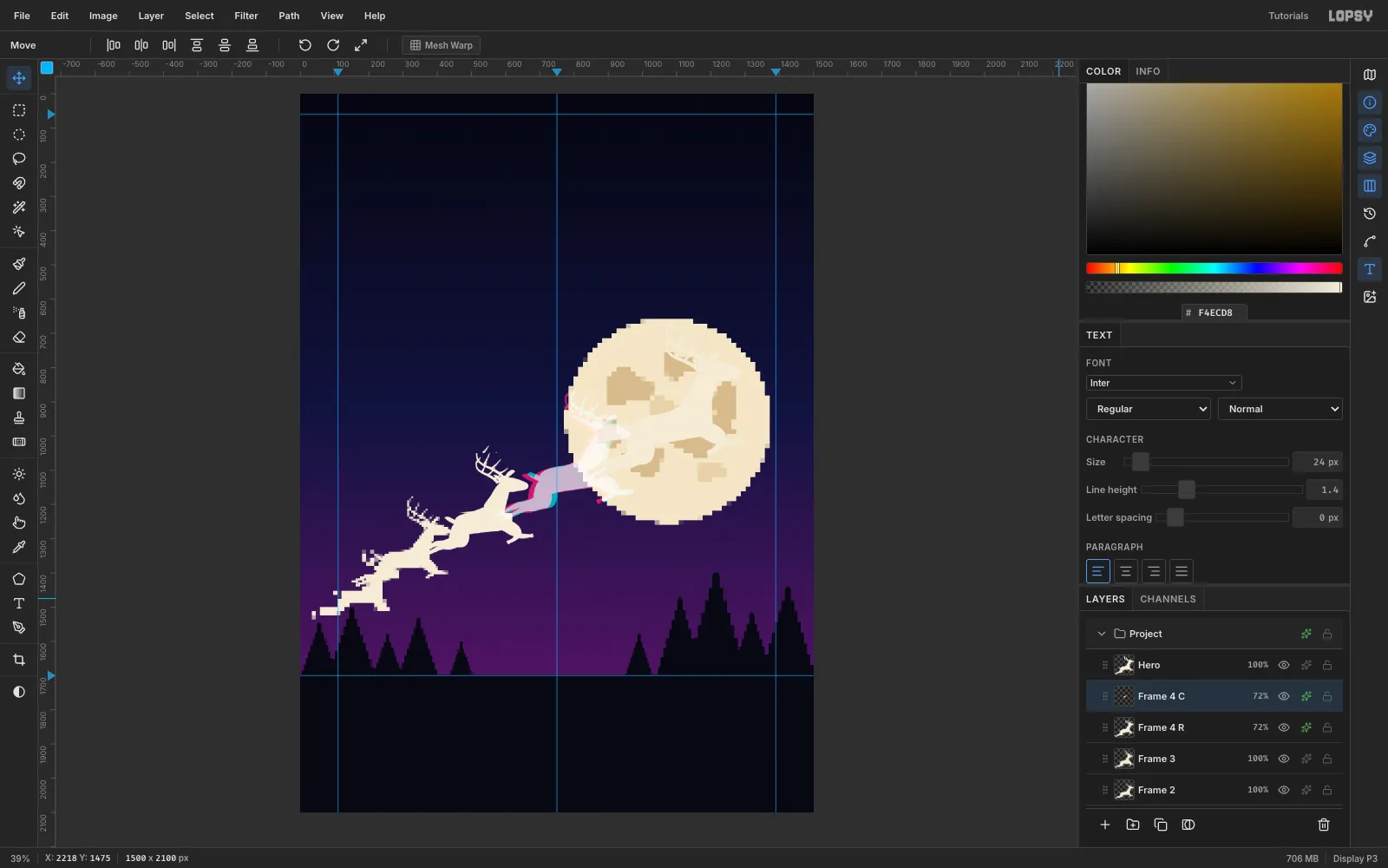 The Layer Effects drawer with Color Overlay set to red and the blend mode set to Screen on Frame 4 R