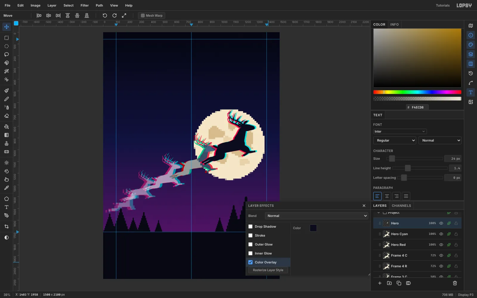 The Layer Effects drawer with Color Overlay set to near-black on the Hero layer