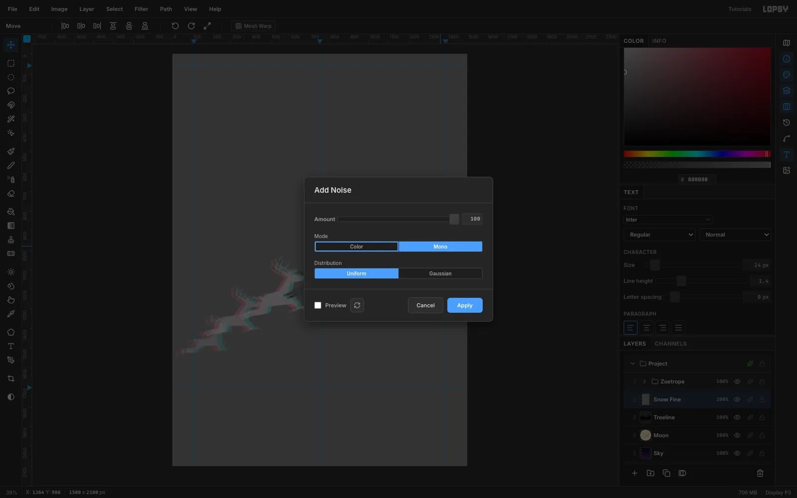 The Add Noise dialog set to Amount 100 and Mono over a grey-filled layer