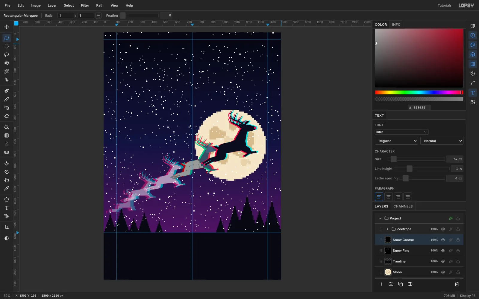 Square pixel snowflakes scattered over the night sky, with the black ground below the horizon kept clear