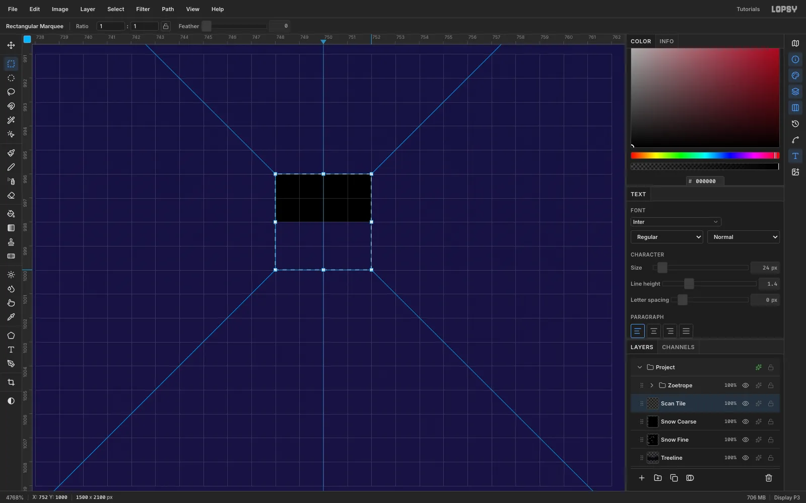 The canvas zoomed far in on a 4 × 4 marquee with a 4 × 2 black bar at its top