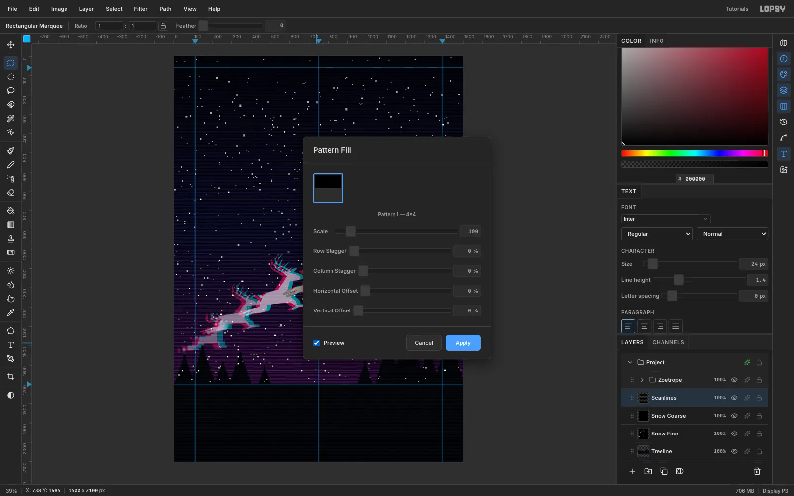 The Pattern Fill dialog with Pattern 1 — 4×4 selected and the scanlines previewing across the whole card