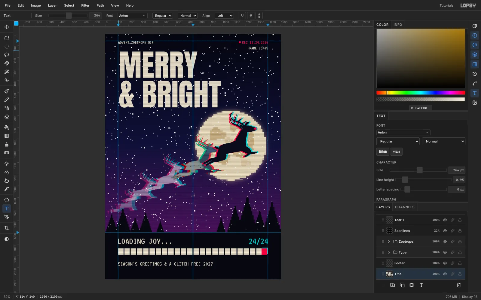 MERRY & BRIGHT typed in cream Anton over the sky, with the Text options bar showing Anton at 264 px