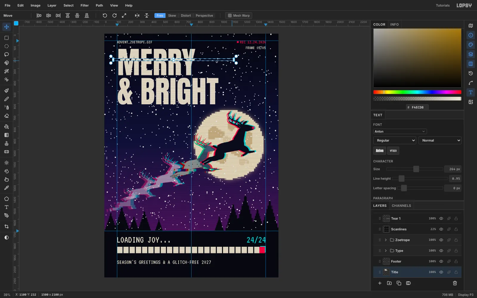 A thin marquee band across MERRY, shifted to the right with the Move tool