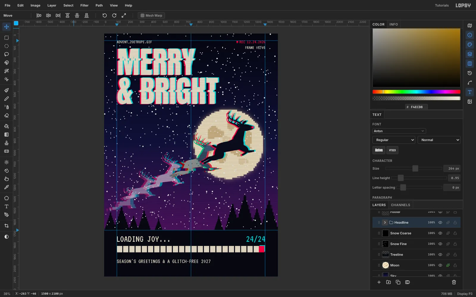 The MERRY & BRIGHT title with red offset left and cyan offset right, grouped as Headline