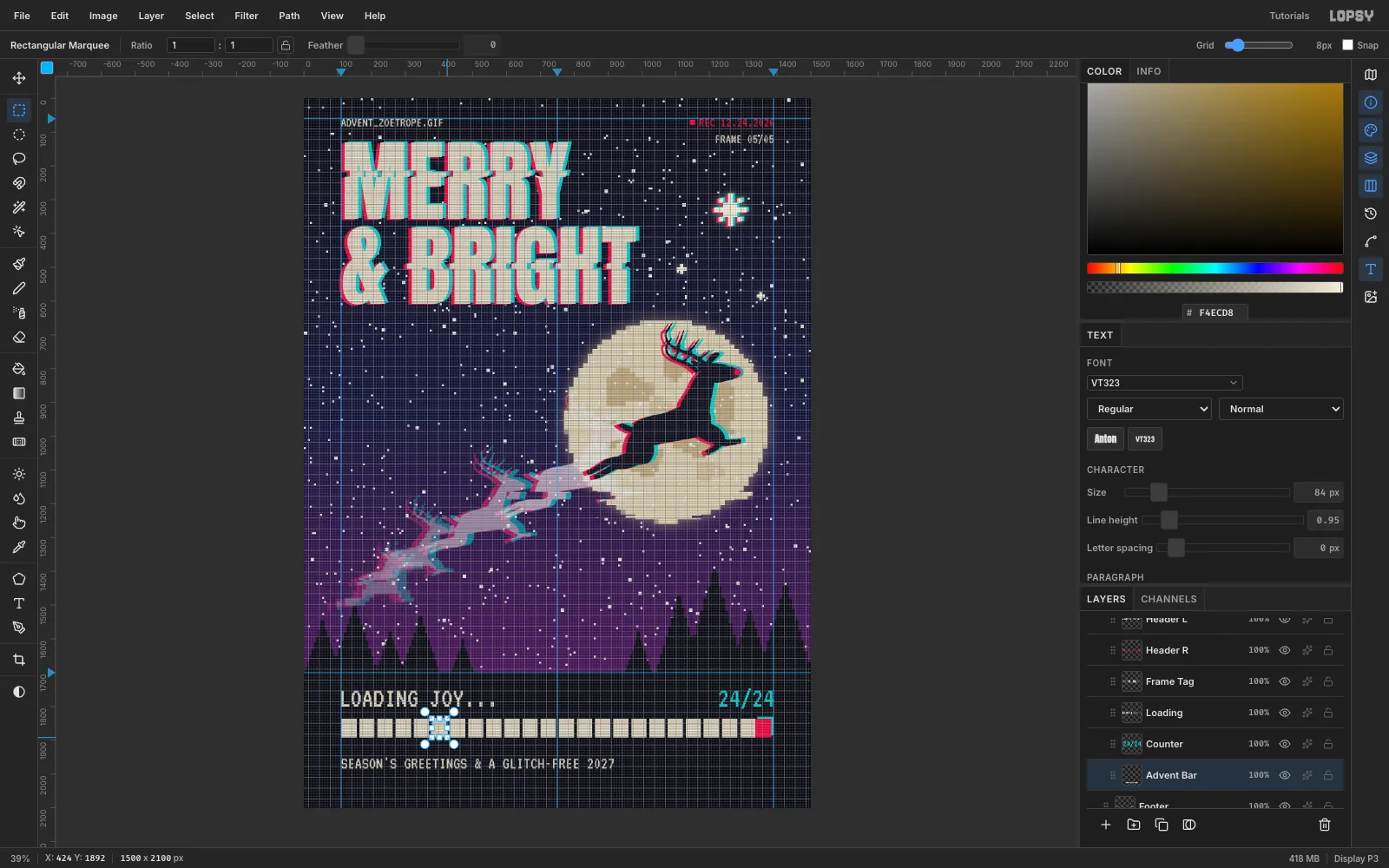 A marquee over one cell of the progress bar with the 8 px grid showing
