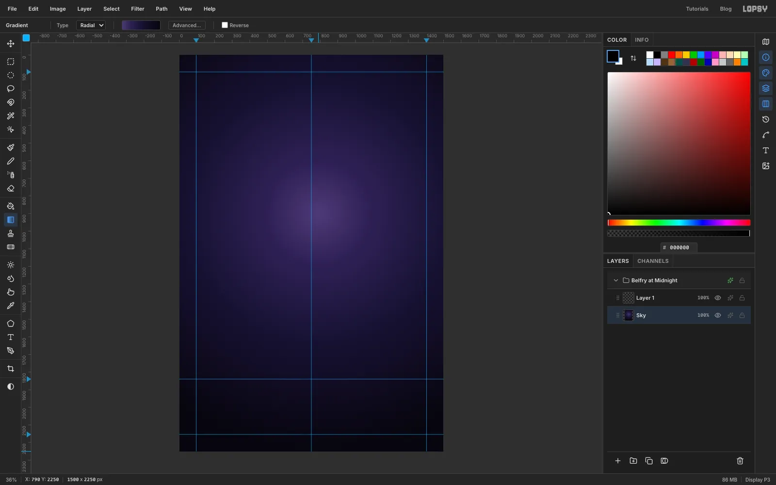 The background filled with a radial gradient, glowing violet just above the middle and fading to near-black at the edges