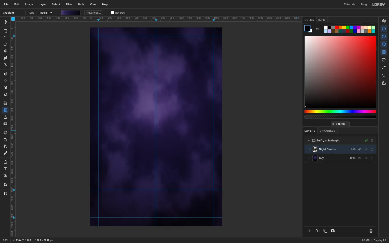 Soft violet cloud shapes drifting across the dark sky