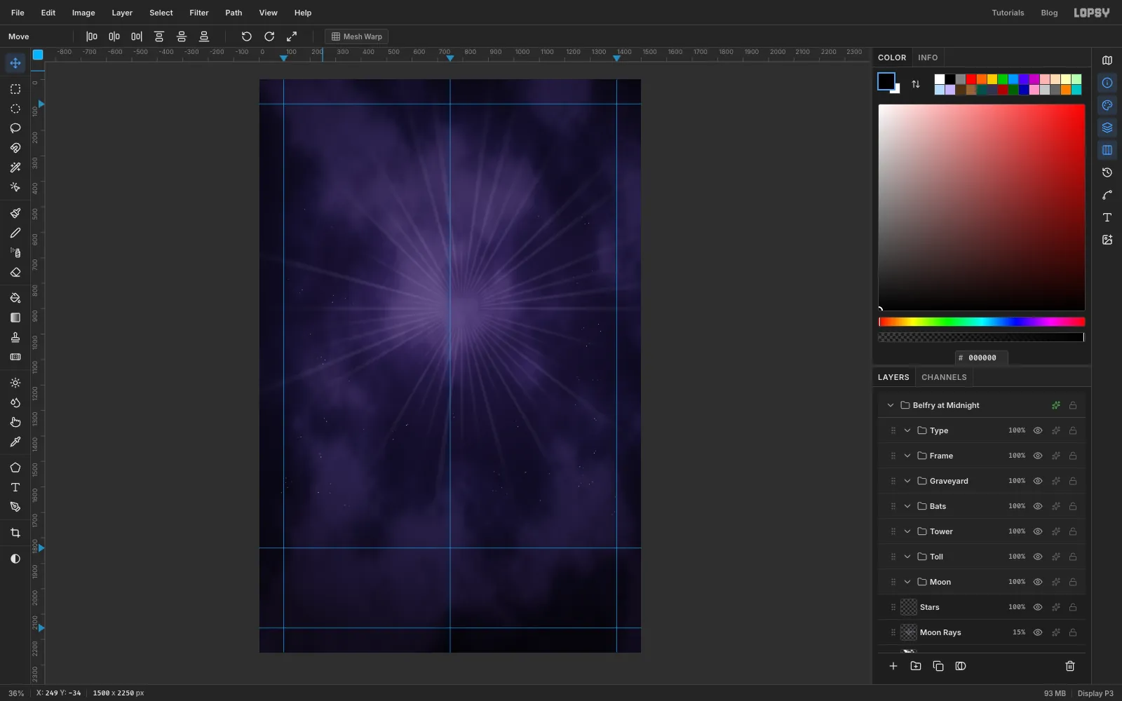 The Layers panel showing seven new groups stacked above Stars: Moon, Toll, Tower, Bats, Graveyard, Frame and Type