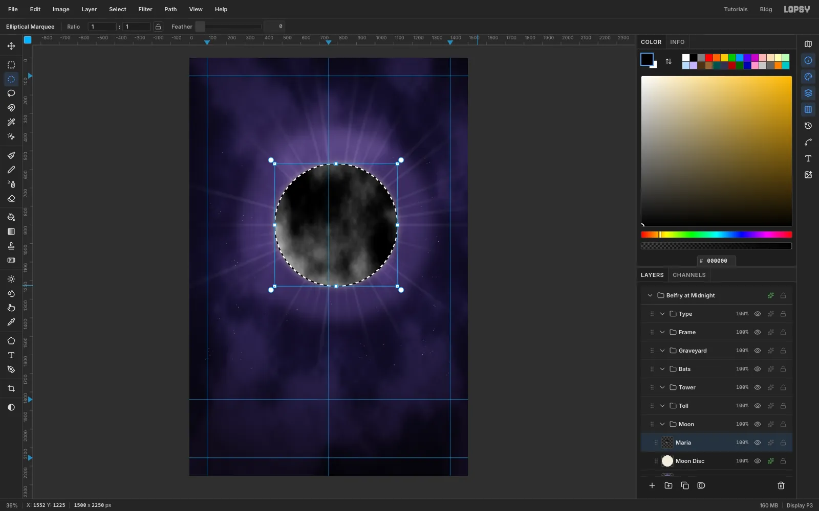 The moon selected with marching ants and filled with grey cloud texture on a new layer