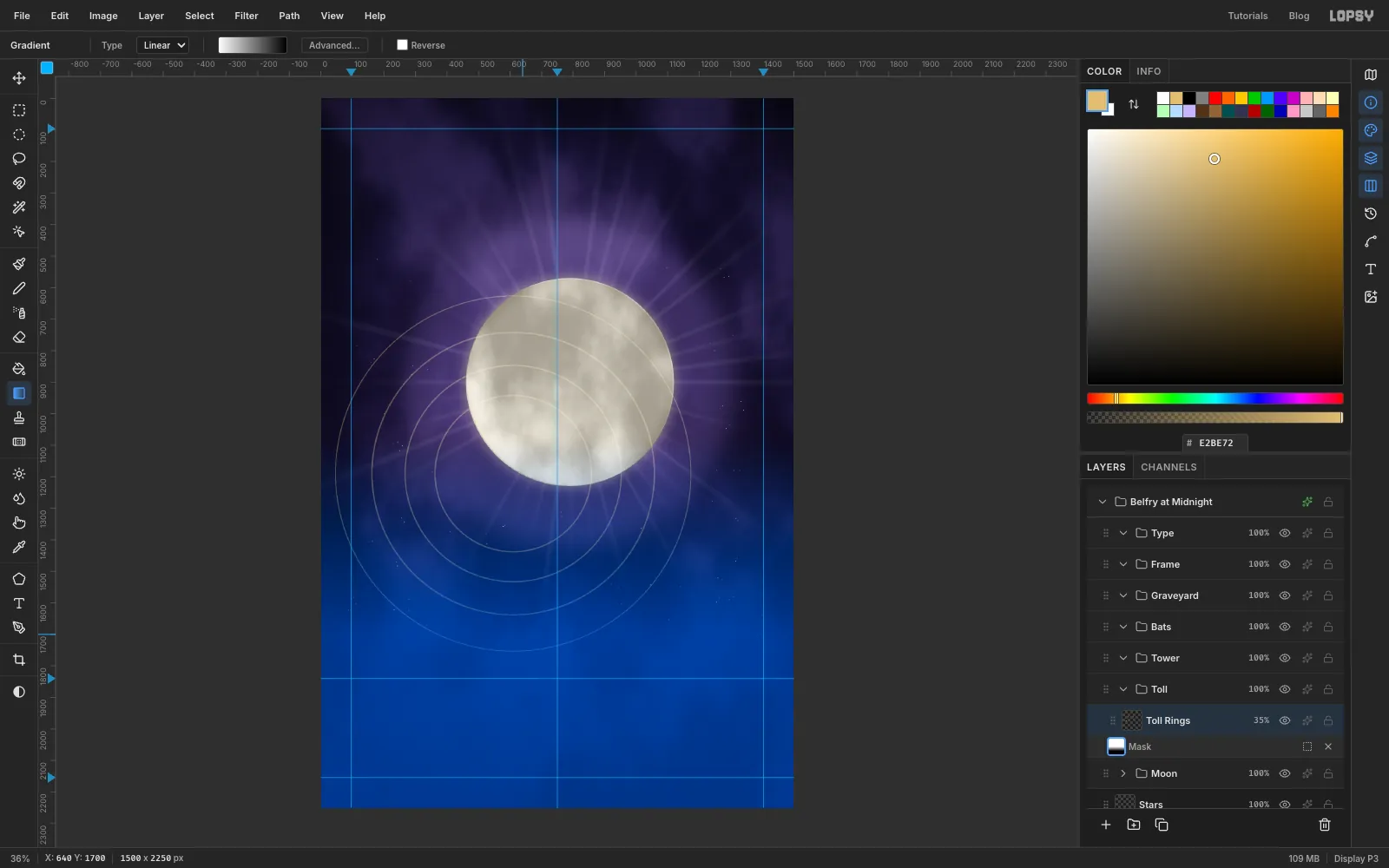 The canvas tinted blue in mask-edit view while a white-to-black gradient fades the lower half of the rings