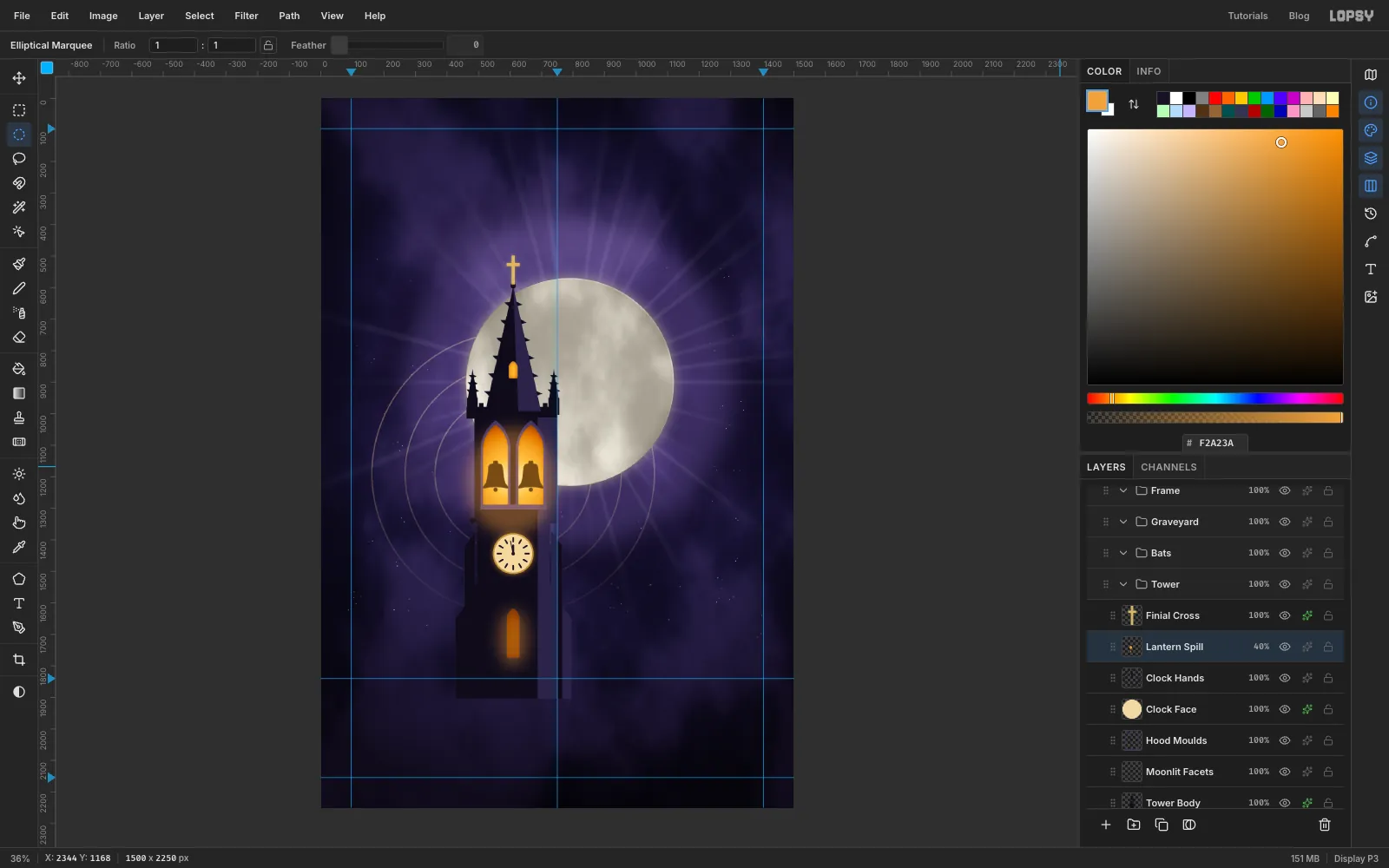 A warm orange glow spilling around the belfry windows and the door slit