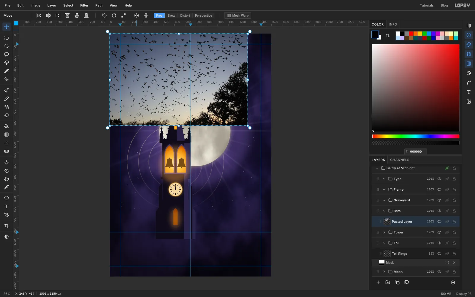 The bat photo placed at the top-left of the canvas, covering the title area, with transform handles around it