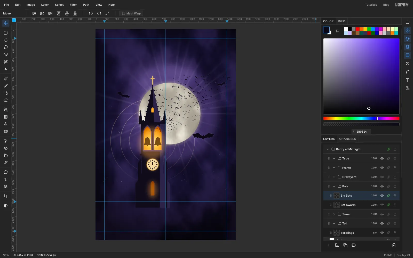 Three large bats now in the sky: the original right of the moon, a smaller flipped one tilted to the left of the tower, and a small one high at the top right