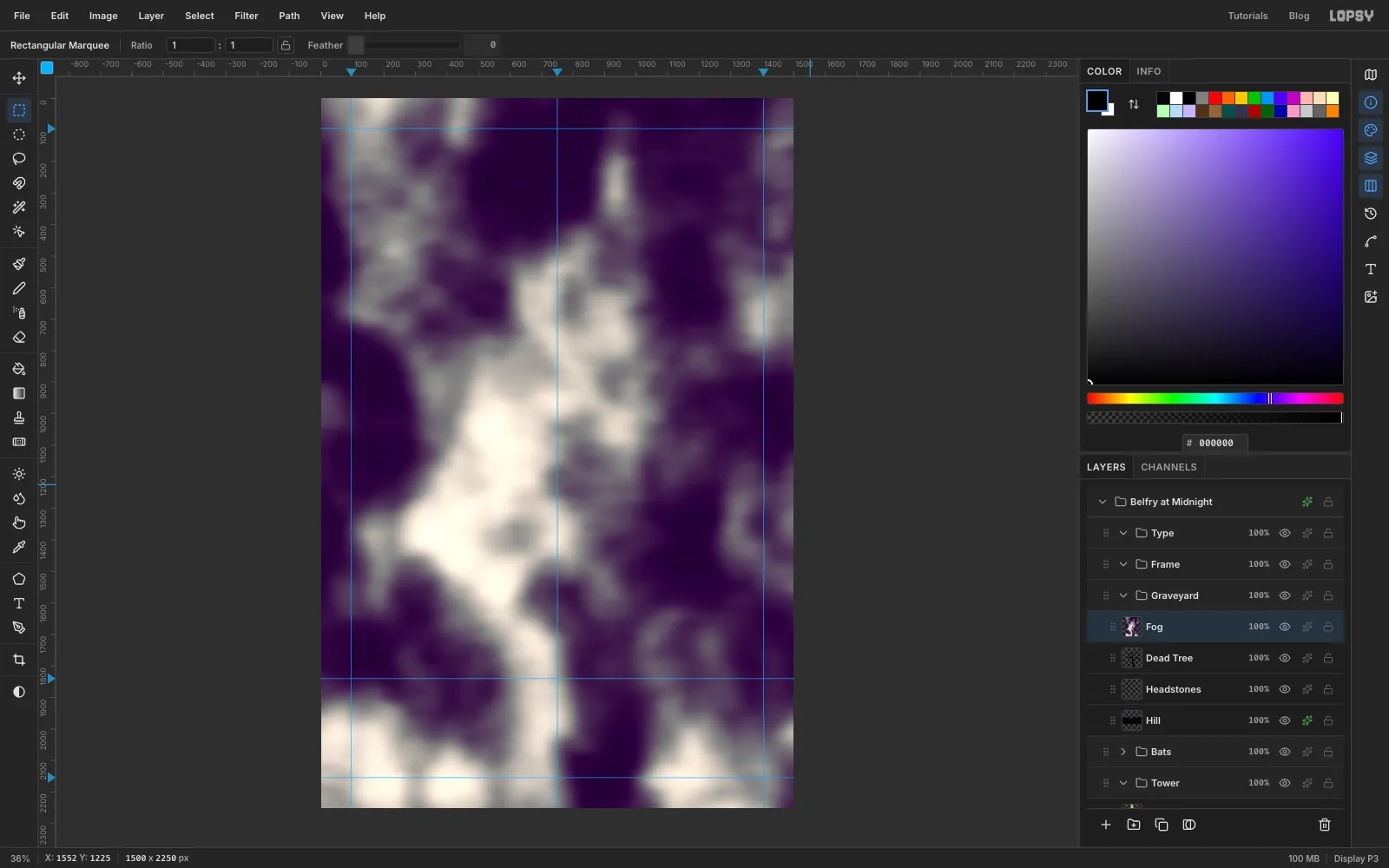 The smoke recoloured with purple shadows and soft white highlights
