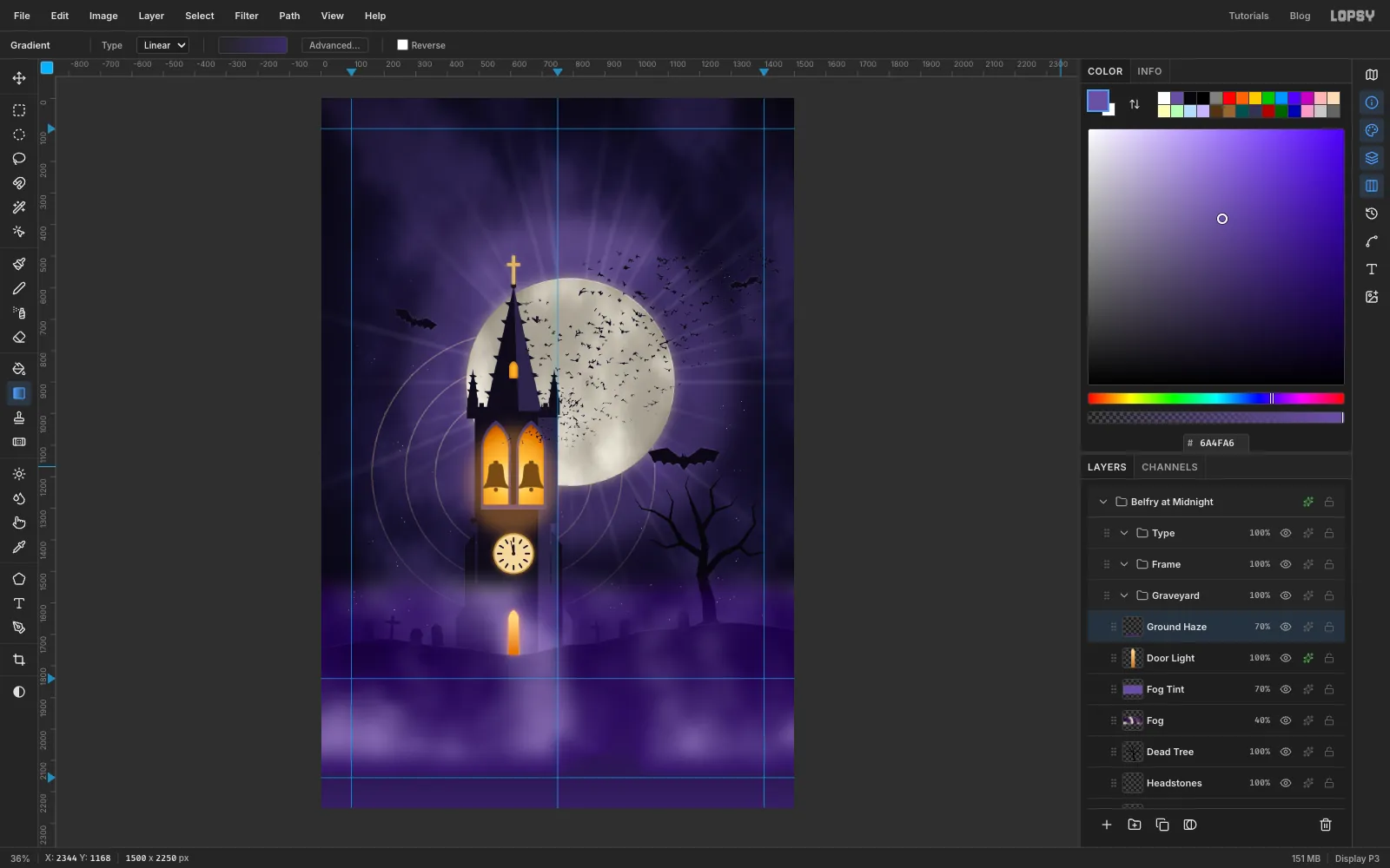 The door slit glowing orange again above the violet fog, with a faint violet haze at the bottom