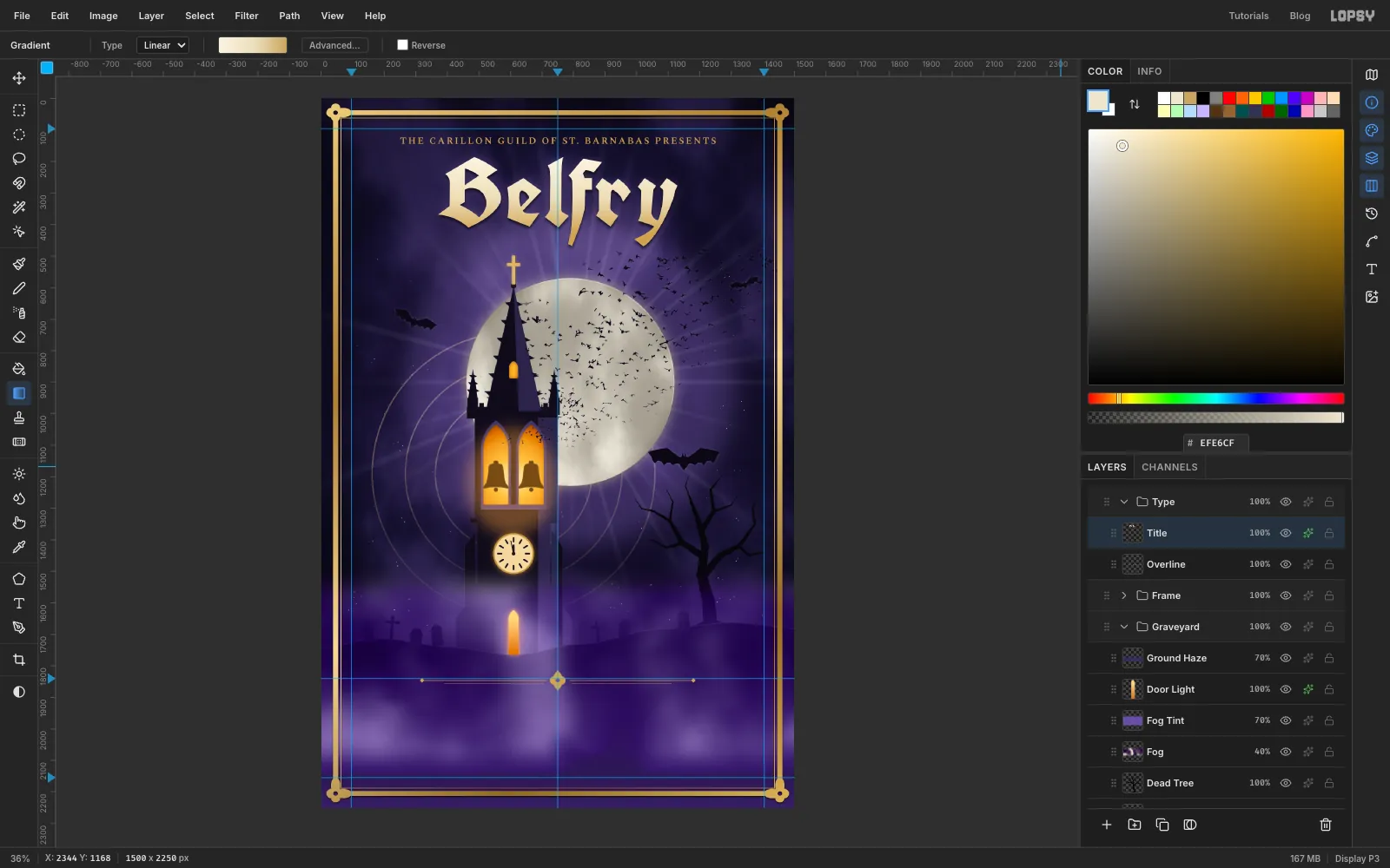 Belfry filled with a gradient from pale cream at the top to gold at the bottom, with a drop shadow and a soft violet glow
