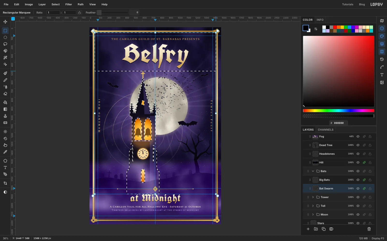 The tower shape plus a band across the top of the poster selected with marching ants, ready to clear stray bats