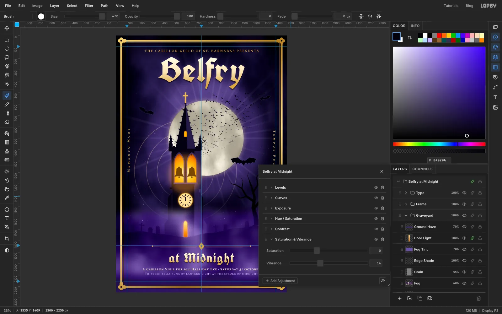 The Belfry at Midnight adjustment panel with Contrast and Saturation & Vibrance added to the poster's group