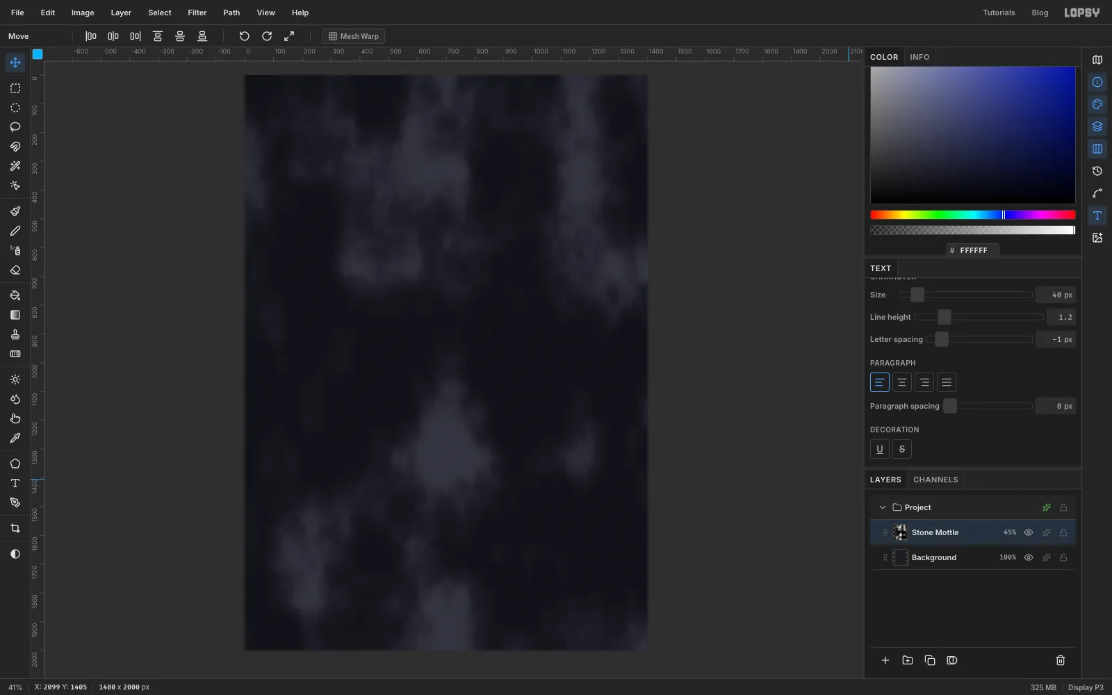 A 1400 by 2000 canvas filled with dark blue-grey, with soft grey cloud mottling over it