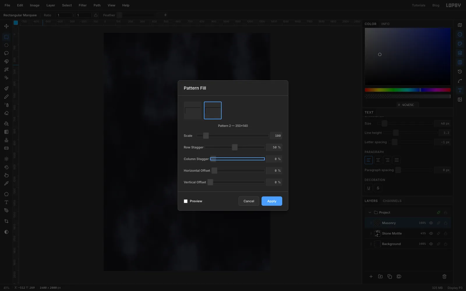 The Pattern Fill dialog with the new 350 by 140 pattern selected and Row Stagger set to 50 percent, open over the empty Masonry layer
