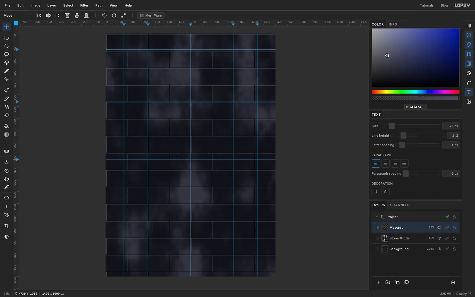 The finished stone wall with blue guides at 150, 348, 700, 1052 and 1250 across and 130, 561 and 1036 down