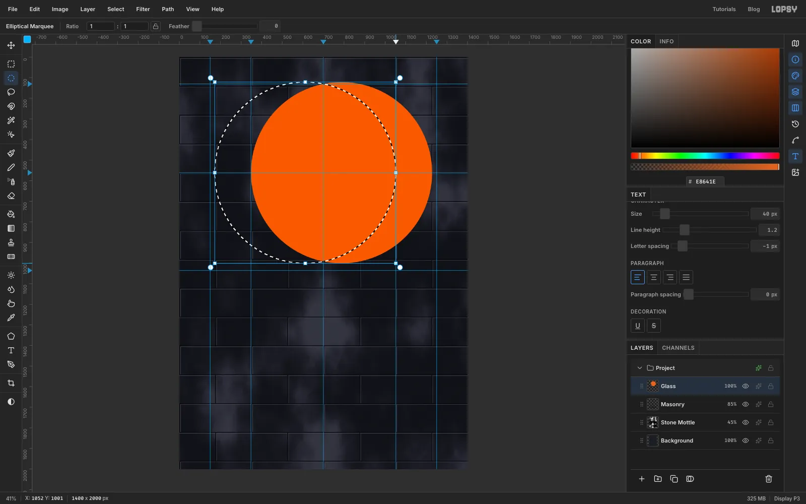 An orange circle with a second circular marquee overlapping it, offset to the left, so the two overlap in a pointed lens shape in the middle of the canvas