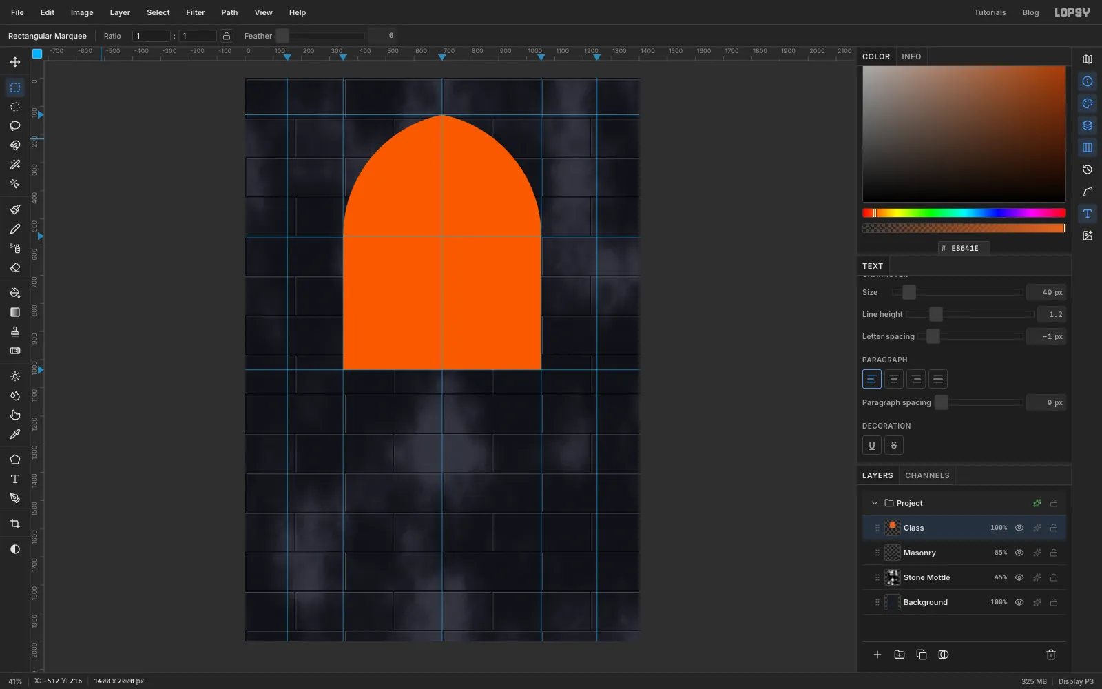 An orange pointed gothic arch window shape between the guides, with a straight-sided lower half