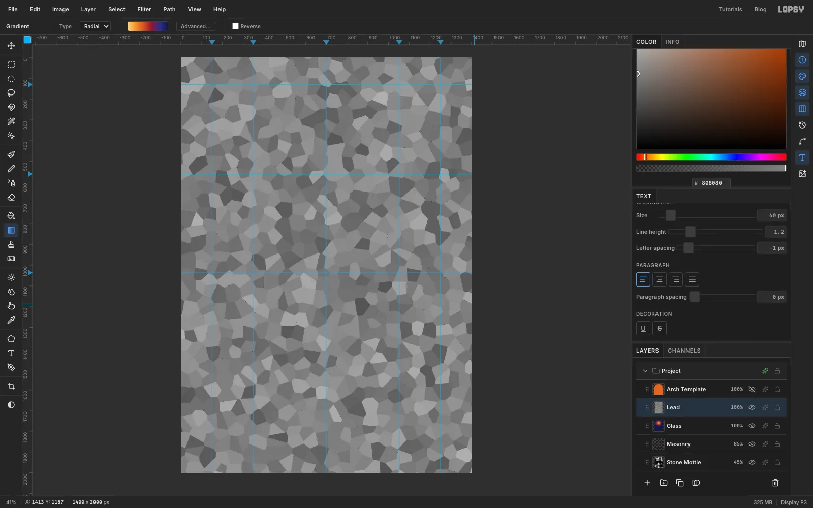 A layer of flat grey Voronoi cells in random light and dark greys, with exactly the same cell shapes as the glass